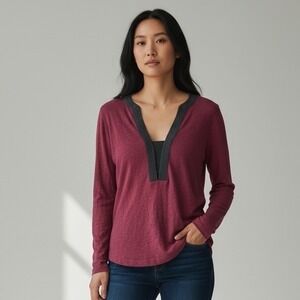 Sandro Paris Linen Long Sleeve Blouse Black Silk V Neck Collar - FR 2 / USM